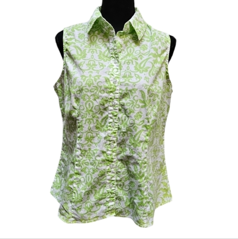 Chadwicks of Boston Floral Green & White Sleeveless Button Up Top Size 14P